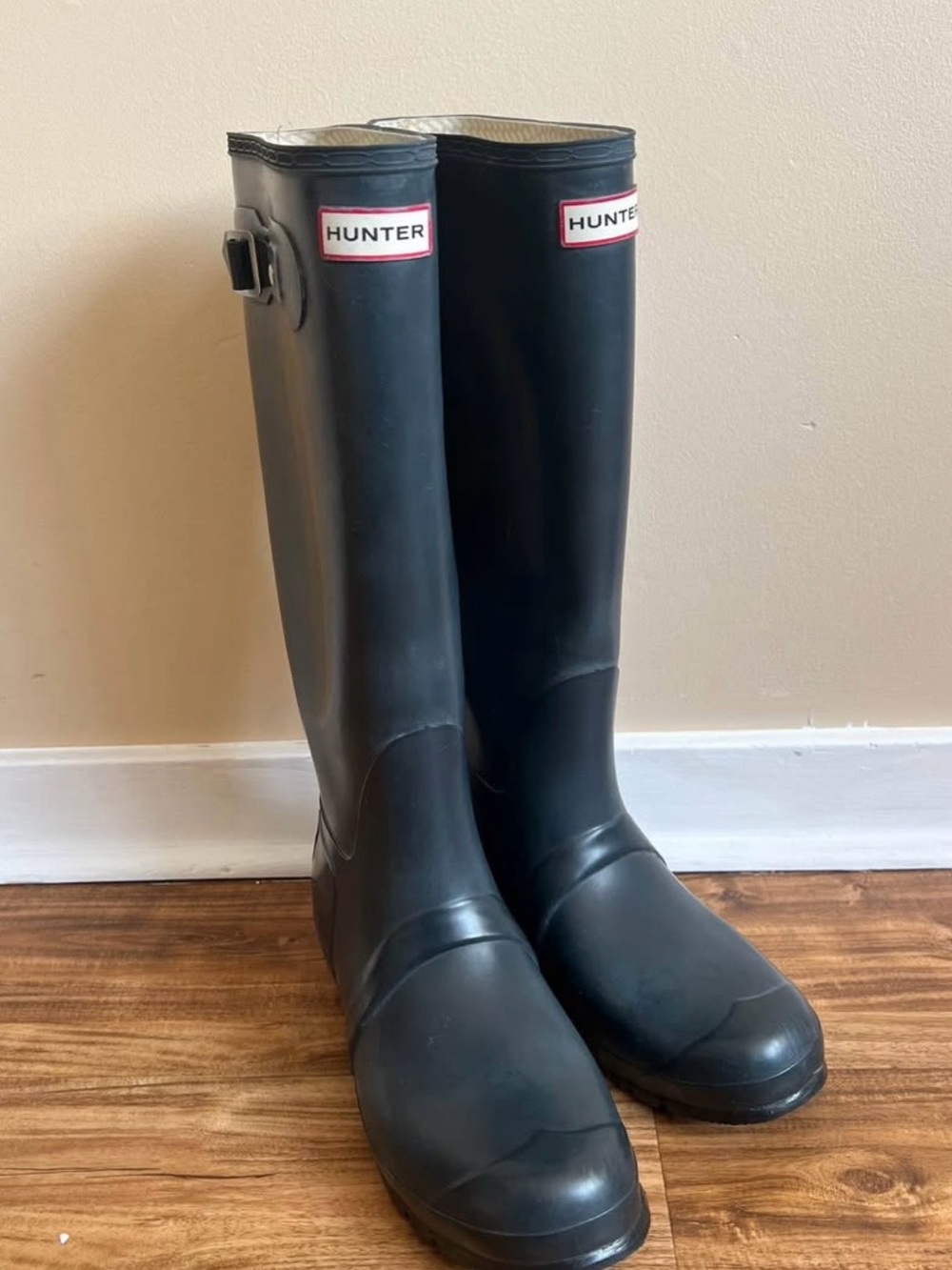 Hunter Original Tall Boots in Cream Interior with Black Logo